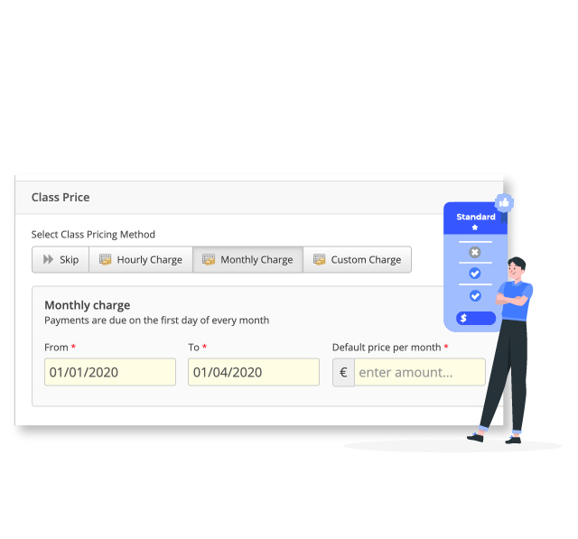 Course pricing options including hourly, monthly, or custom pricing